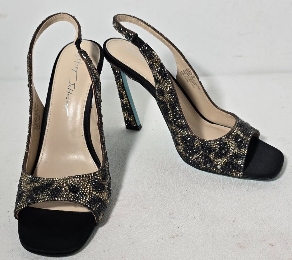 Betsey Johnson Womens Mina Heeled Sandals US 8 M Black Gold Rhinestone